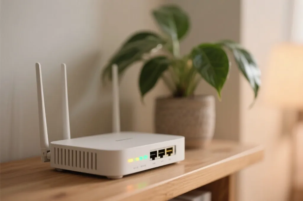A clean, modern home router with glowing status lights sitting on a wooden shelf next to a green plant, soft focus background, symbolizing high-speed internet connection, no brands
